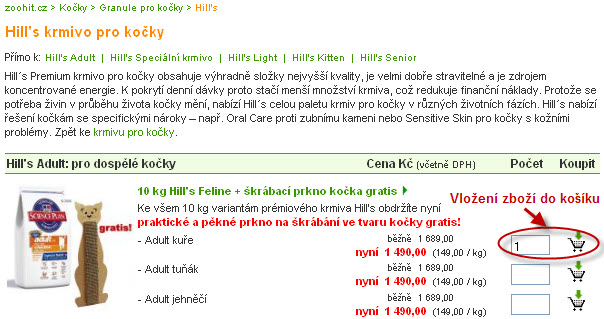 Výběr produktu ze seznamu zboží